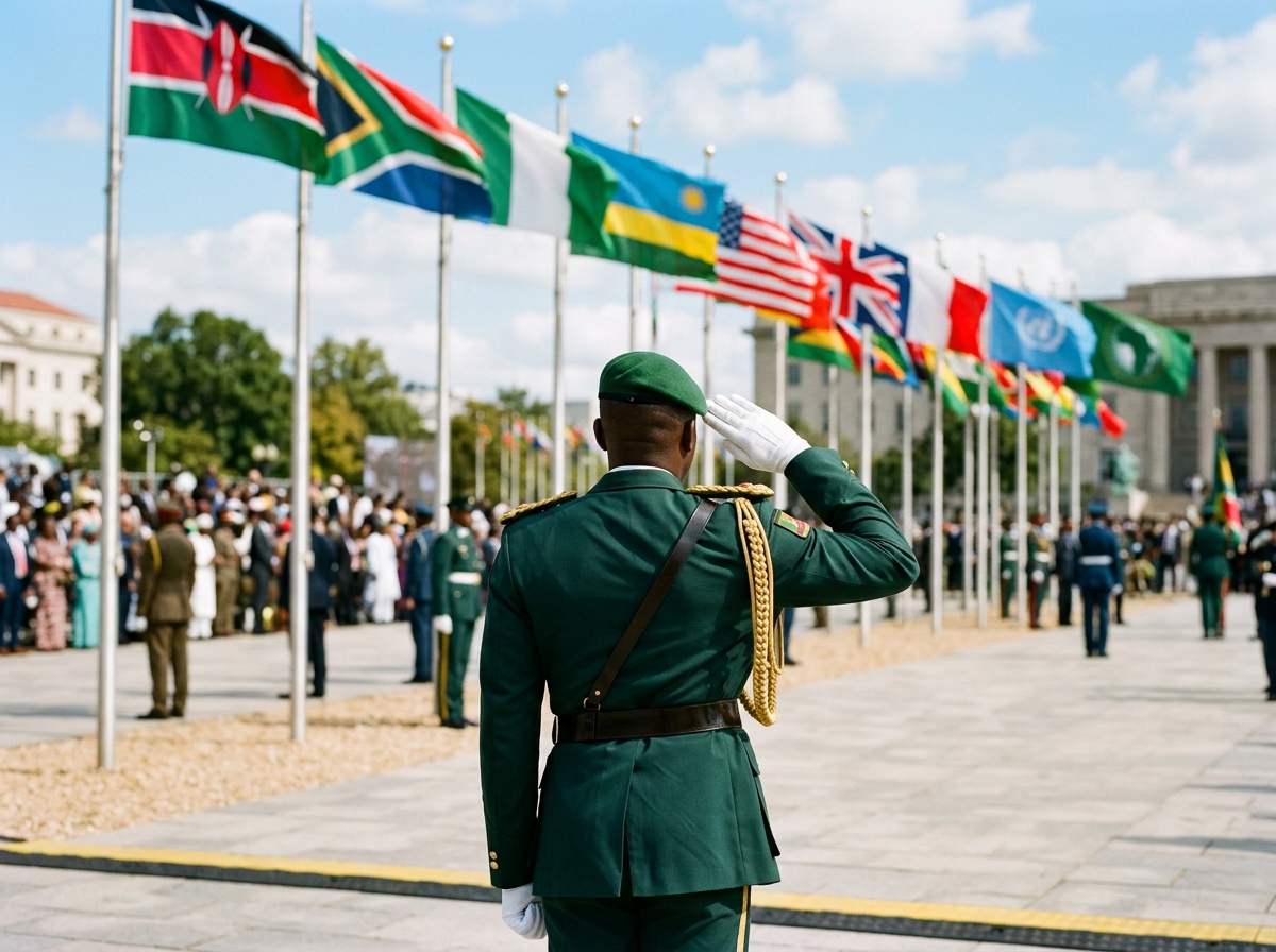 Uniformed professional standing among African flags