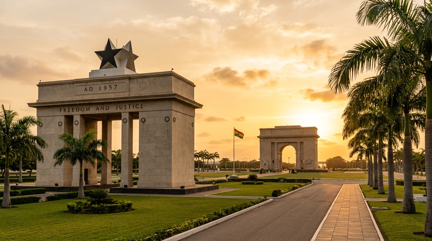 Black Star Gate and Independence Arch in Accra, Ghana at sunset